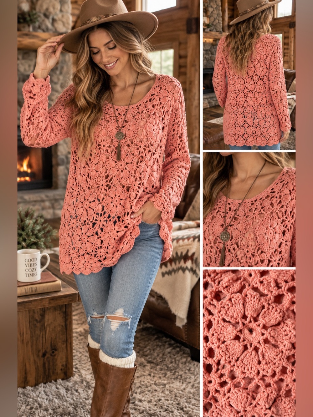 Vintage Forenza Coral Floral Crochet Openwork Tunic Sweater Size Medium